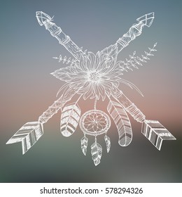 Beautiful boho elements . arrows, feathers and flowers