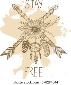 Beautiful boho elements . arrows, feathers and flowers