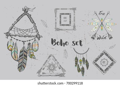 Beautiful boho elements . arrows, feathers , sun face, frames