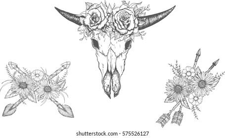 Beautiful boho elements . arrows, skull, feathers and flowers, for colouring book, tattoo, cards