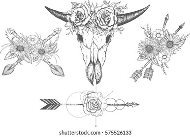 Beautiful boho elements . arrows, skull, feathers and flowers, for colouring book, tattoo, cards