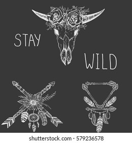 Beautiful boho elements .buffalo skull, arrows, feathers and flowers