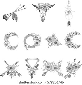 Beautiful boho elements .buffalo skull, arrows, feathers and flowers