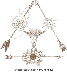Beautiful boho elements . buffalo skull, arrows, feathers and flowers