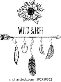 Beautiful boho elements . buffalo skull, arrows, feathers and flowers