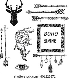 Beautiful Boho Elements . Buffalo Skull, Arrows, Feathers And Flowers