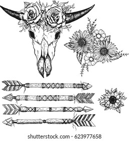 Beautiful boho elements . buffalo skull, arrows, feathers and flowers