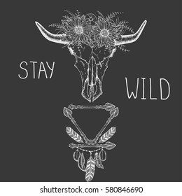 Beautiful boho elements . bufflo skull, arrows, feathers and flowers