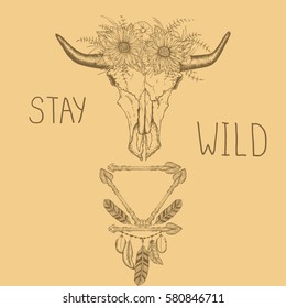 Beautiful boho elements . bufflo skull, arrows, feathers and flowers