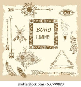 Beautiful boho elements . bufflo skull, arrows, feathers and flowers