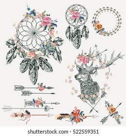 Beautiful bo-ho elements collection. Deer, arrows, dreamcatcher, feathers and flowers with tapes for design