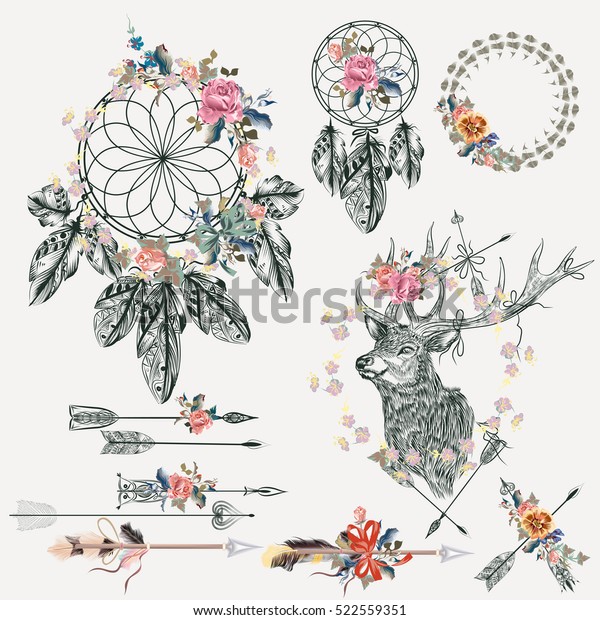 美しい防備エレメントコレクション デザイン用のテープと鹿 矢 ドリームキャッチャー 羽 花 のベクター画像素材 ロイヤリティフリー