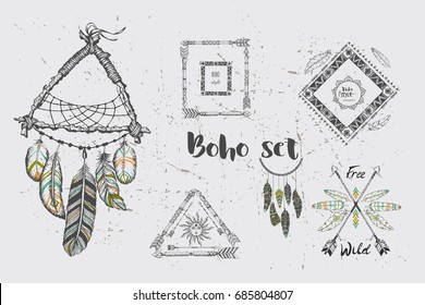 Beautiful boho elements .dream catcher, frames, feathers and arrows