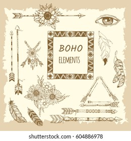 Beautiful boho elements set . buffalo skull, arrows, feathers and flowers