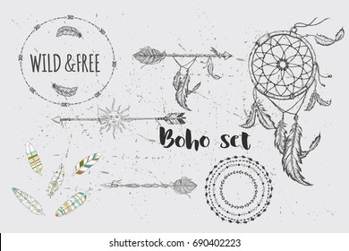 Beautiful boho elements set . buffalo skull, arrows, feathers and flowers