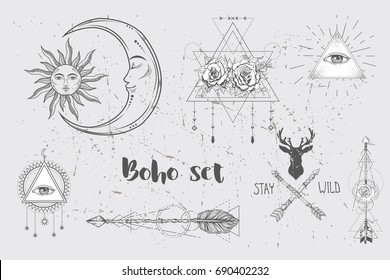 Beautiful boho elements set . buffalo skull, arrows, feathers and flowers