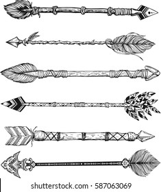 Beautiful boho elements . tribal arrows, bull skull, feathers 