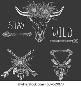 Beautiful boho elements . tribal arrows, bull skull, feathers 