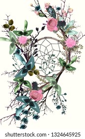 Beautiful boho illustration with dreamcatcher, clover flowers and cactuses for save the date cards or wedding design