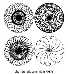Beautiful boho round set with mandala. Sacred Geometric circle elements made in hand drawn ethnic art. Flash tattoo sketch. Astrology, alchemy, spiritual magic symbol hatching. Vector.