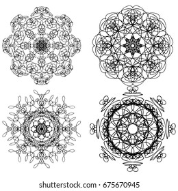 Beautiful boho round set with mandala. Sacred Geometric circle elements made in hand drawn ethnic art. Flash tattoo sketch. Astrology, alchemy, spiritual magic symbol hatching. Vector.