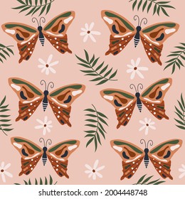 Beautiful boho trendy seamless vector pattern baackground illustration with moth, daisy flowers and leaves