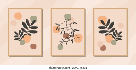Hermosa plantilla de afiche de arte en la pared boho de hermosas líneas de arte femenino con formas orgánicas florales y abstractas. Adecuado para la decoración moderna, el arte de la cubierta, el interior de la casa y el mobiliario. Listo para imprimir.