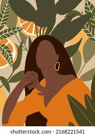 Beautiful Boho Woman in Tropical Jungle. Pastel Tropical leaves background. Modern minimalist glamour female portrait with nature botanical pattern. Vector illustration