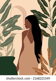 Beautiful Boho Woman in Tropical Jungle. Pastel Tropical leaves background. Modern minimalist glamour female portrait with nature botanical pattern. Vector illustration