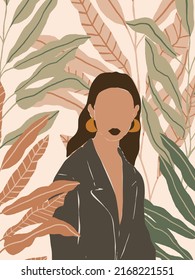 Beautiful Boho Woman in Tropical Jungle. Pastel Tropical leaves background. Modern minimalist glamour female portrait with nature botanical pattern. Vector illustration