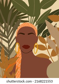Beautiful Boho Woman in Tropical Jungle. Pastel Tropical leaves background. Modern minimalist glamour female portrait with nature botanical pattern. Vector illustration