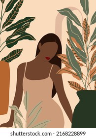 Beautiful Boho Woman in Tropical Jungle. Pastel Tropical leaves background. Modern minimalist glamour female portrait with nature botanical pattern. Vector illustration