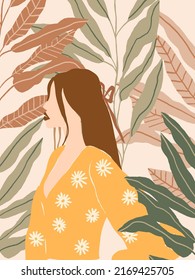 Beautiful Boho Woman in Tropical Jungle. Pastel Tropical leaves background. Modern minimalist glamour female portrait with nature botanical pattern. Vector illustration