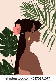 Beautiful Boho Woman in Tropical Jungle. Pastel Tropical leaves background. Modern minimalist glamour female portrait with nature botanical pattern. Vector illustration