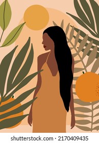 Beautiful Boho Woman in Tropical Jungle. Pastel Tropical leaves background. Modern minimalist glamour female portrait with nature botanical pattern. Vector illustration