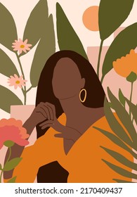 Beautiful Boho Woman in Tropical Jungle. Pastel Tropical leaves background. Modern minimalist glamour female portrait with nature botanical pattern. Vector illustration