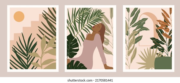 Hermosa mujer boho en la jungla tropical. Pastel Tropical deja el fondo. Retrato moderno minimalista de glamour femenino con patrón botánico natural. Ilustración del vector