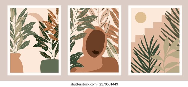 Beautiful Boho Woman in Tropical Jungle. Pastel Tropical leaves background. Modern minimalist glamour female portrait with nature botanical pattern. Vector illustration