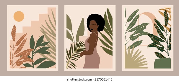 Beautiful Boho Woman in Tropical Jungle. Pastel Tropical leaves background. Modern minimalist glamour female portrait with nature botanical pattern. Vector illustration