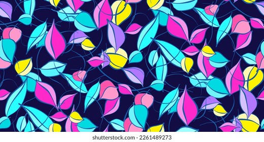 Hermoso patrón audaz de verano de hojas. Foliage tropical a la moda. Hojas estilizadas artísticas en colores brillantes. Patrón botánico vectorial para impresiones de ropa de cama, papel envolvente, tela, papel pintado, arte mural