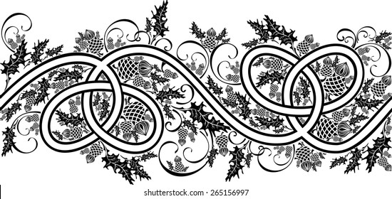 beautiful border with celtic ornament and flowers thistle black and white