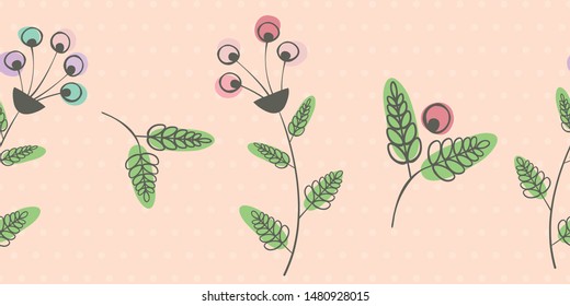 Beautiful border with flowers, berries and leaves with offset color. Seamless vector pattern on pink polka dot background. Perfect for ribbon, decorative tape, textiles edging, graphic design