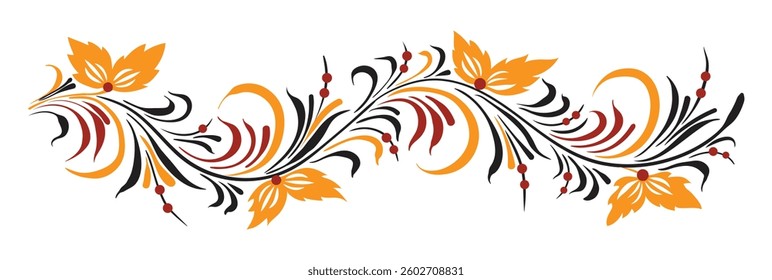 Beautiful border or ornament in the Old Russian style. Traditional Slavic, folk motif. Vector twigs, berries, flowers and leaves. For cards, fabric, textiles, clothing, packaging.