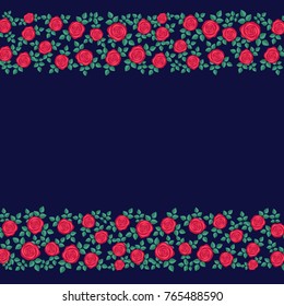 Beautiful border of red roses on dark blue background. Cute template for greeeting card, invitation etc. Vector illustration