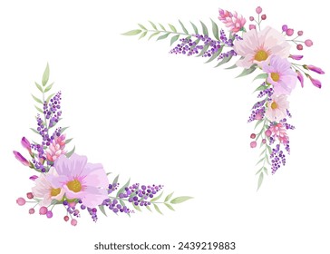 Hermoso borde de flores de primavera y verano.  Ilustración vectorial de marco de color rosa y púrpura