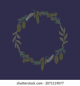 Beautiful, botanical Christmas wreath made of winter plants, branches and flowers vector decoration