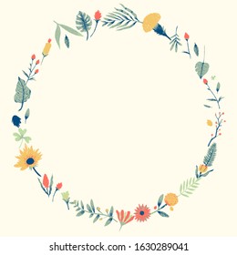 Beautiful botanical circle on pastel background. Design space and copy space. Fantasy floral leaf art illustration. Decoration elements vector