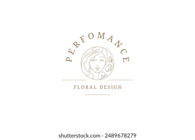 Beautiful botanical female face with flower outline logo design template vector illustration. Botany blossom organic plant woman portrait line logotype for beauty salon natural cosmetics brand