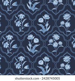 Hermosa ilustración floral botánica de diseño repetido para impresión digital, diseño textil estilo étnico. Patrón floral sin costuras de Damasco para tela o papel pintado. colores azules 