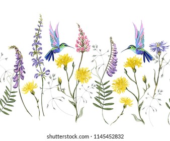 Beautiful botanical floral meadow background with hand drawn flowers hummingbirds for textile, fabric, covers, wallpapers, print, gift wrap and scrapbook in watercolor stile. 